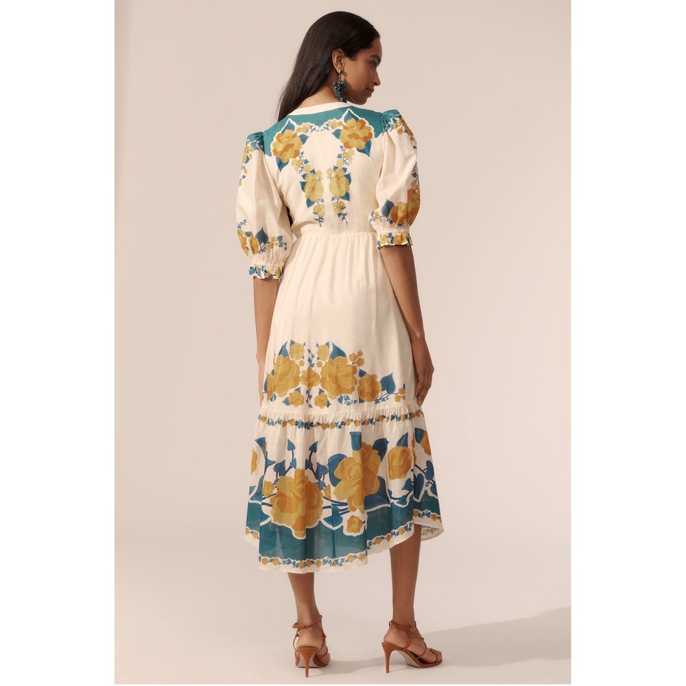 FARM Rio Anthropologie Floral Midi Dress XL Button Front Puff Sleeve Viscose - Picture 2 of 14